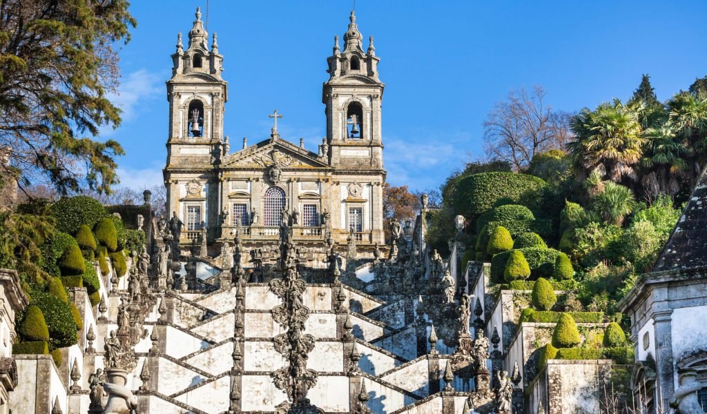 Bom Jesus do Monte Monastery, Braga, Portugal. Bright Blue Sky