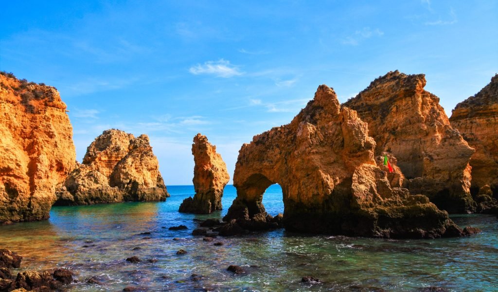 A landscape view of rocky beach in Lagos city Algarve - Portugal